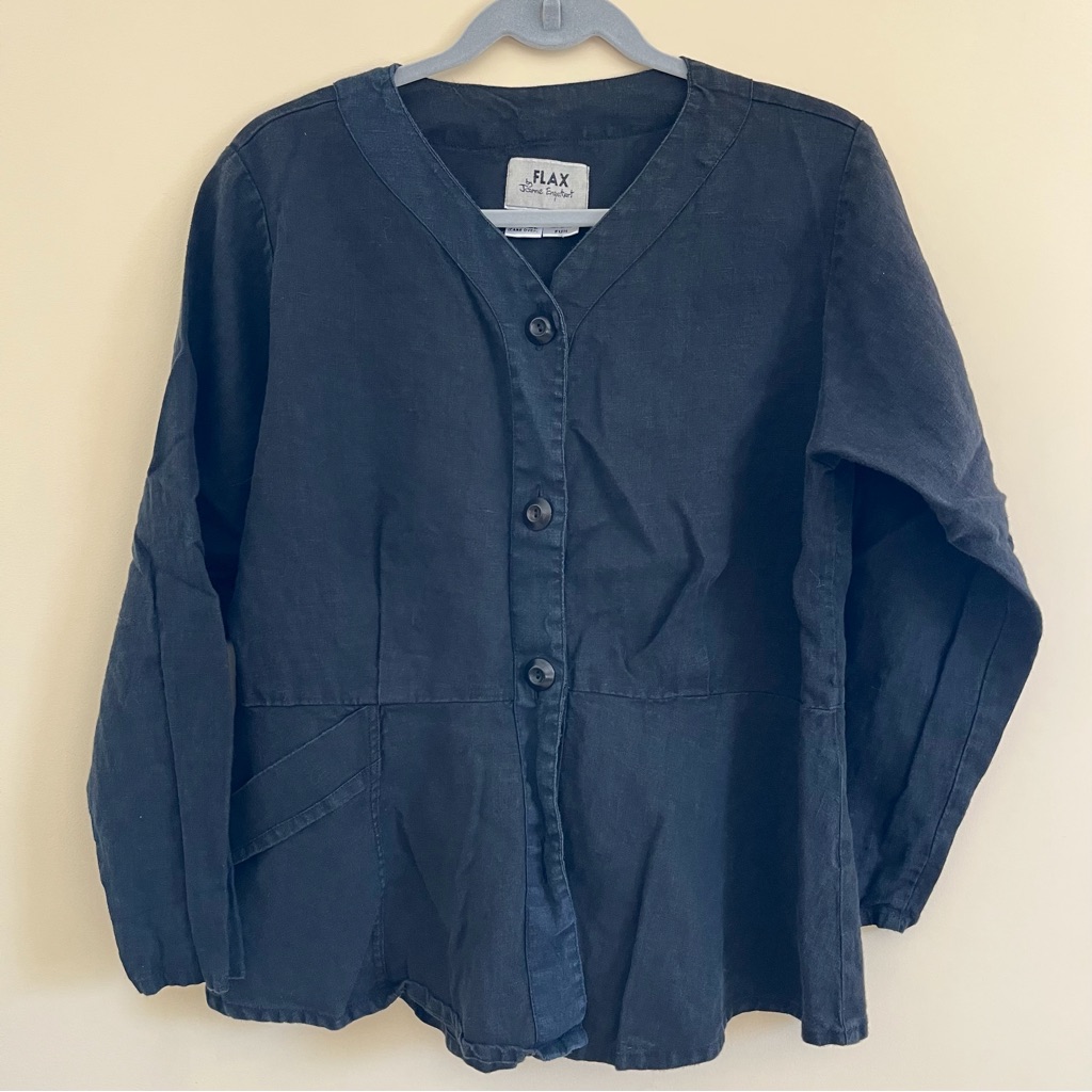 Flax By Jeanne Engelhart Black Linen Blouse V Neck